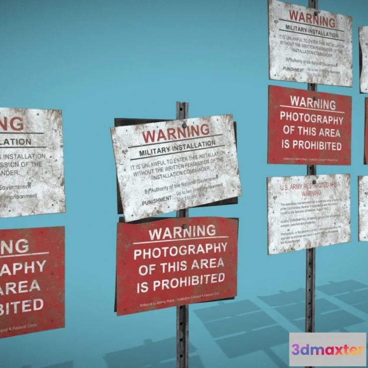 1532772 - PBR Game 3D Models - Top Secret Military Base Metal Warning Signs 3D Max