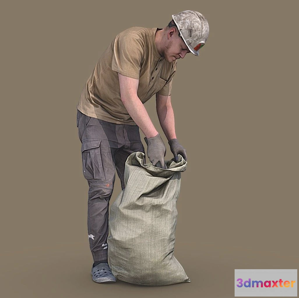 1533210 - PBR Game 3D Models - Worker Picks Up Garbage In A Bag 3D Max