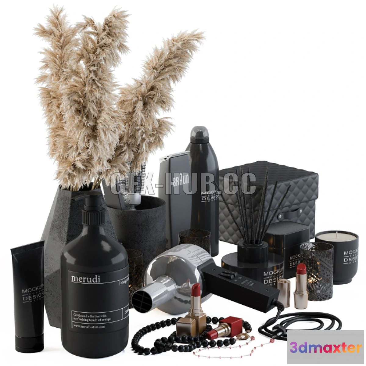 1541677 - Bathroom Decor Set 05 - Black Set with pampas Plant 3D Max