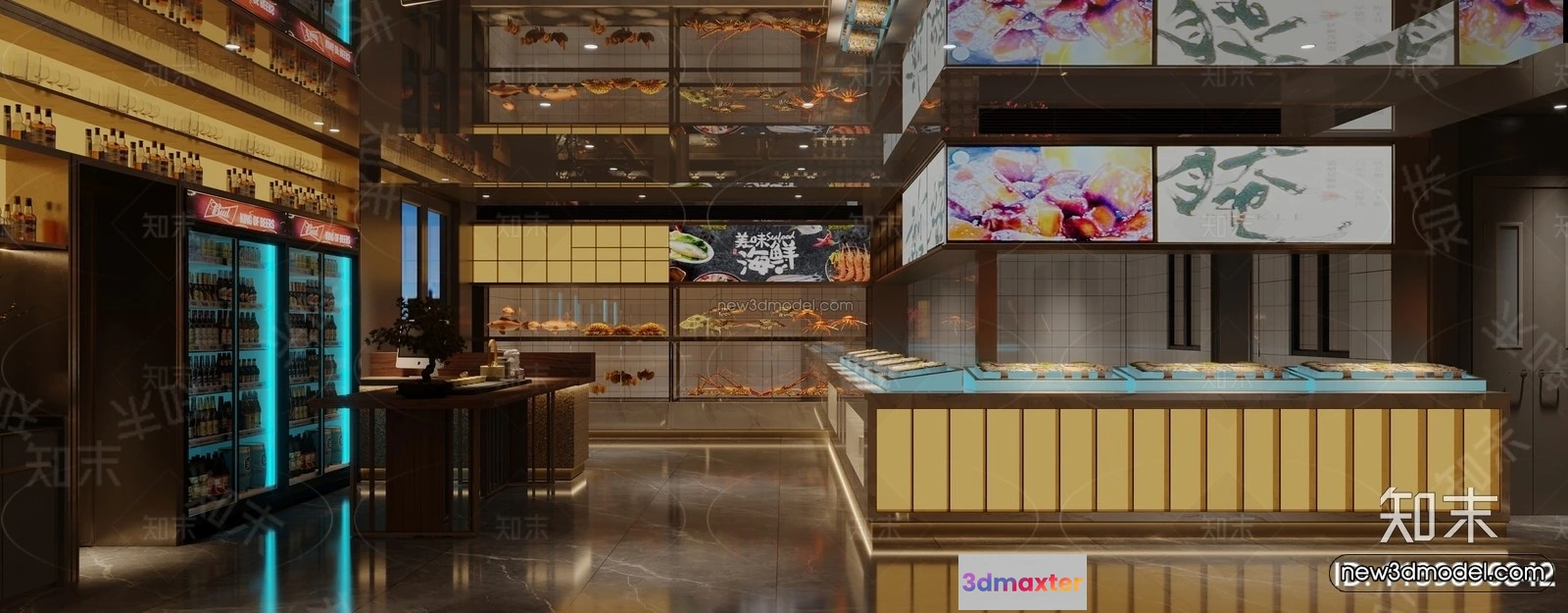 1573938 - Modern Style Interior 3D Blocks and 3D Models - Seafood Restaurant 3D Scene - 1019 3D Max