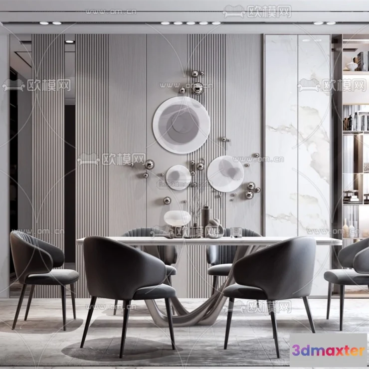 1575690 - Black - White - Gray Colors Interior 3D Blocks - Dining Room 3D Scene - 133 3D Max