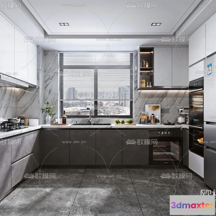 1580558 - Black - White - Gray Colors Interior 3D Blocks - Kitchen 3D Scene - 207 3D Max