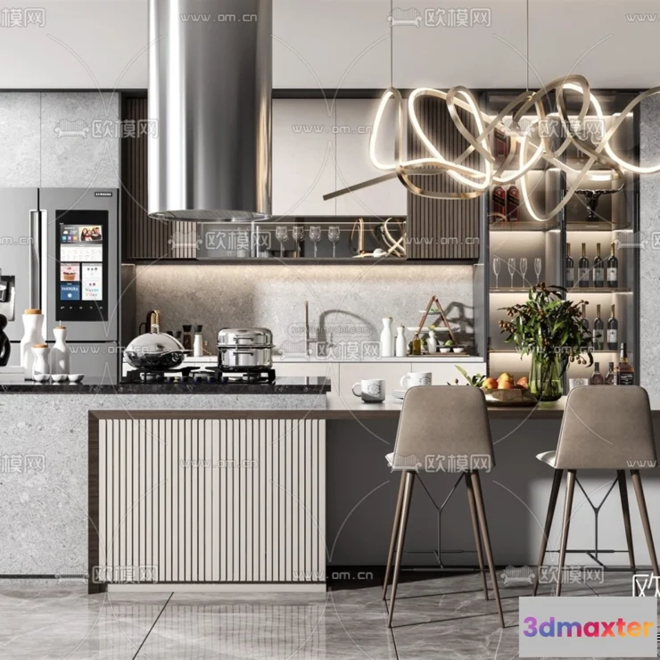 1580562 - Black - White - Gray Colors Interior 3D Blocks - Kitchen 3D Scene - 209 3D Max