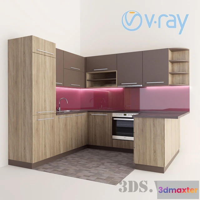 1646434 - kitchen - Wooden corner kitchen 3D Max