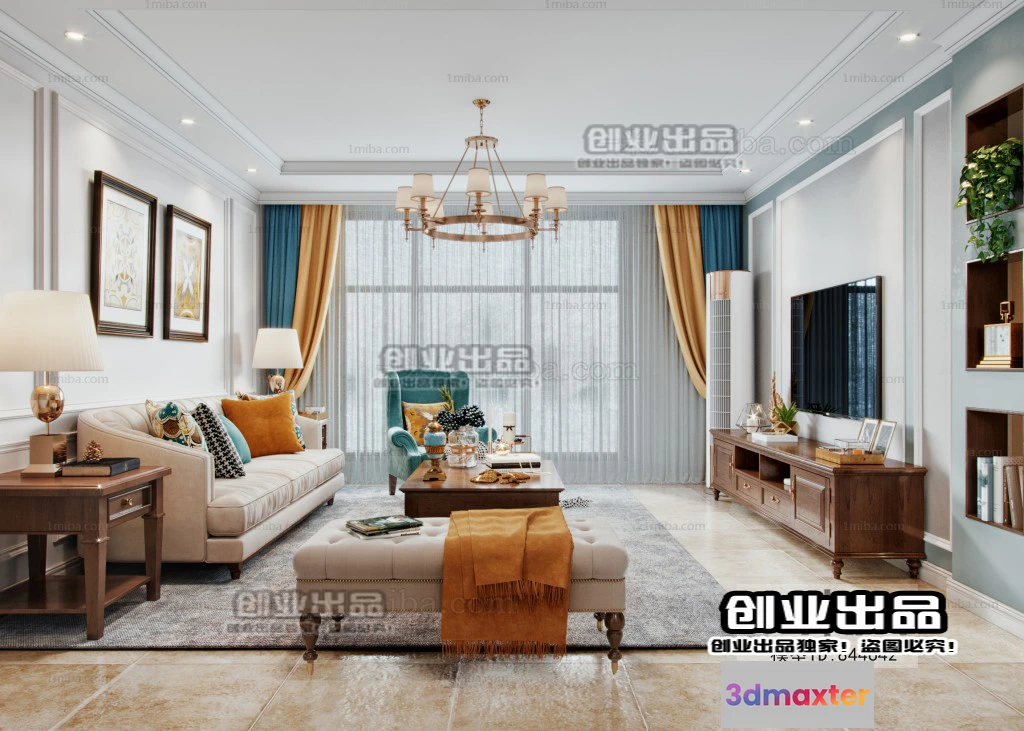 1387152 - Living Room 3D Interior Scene - American Style - 002 3D Max