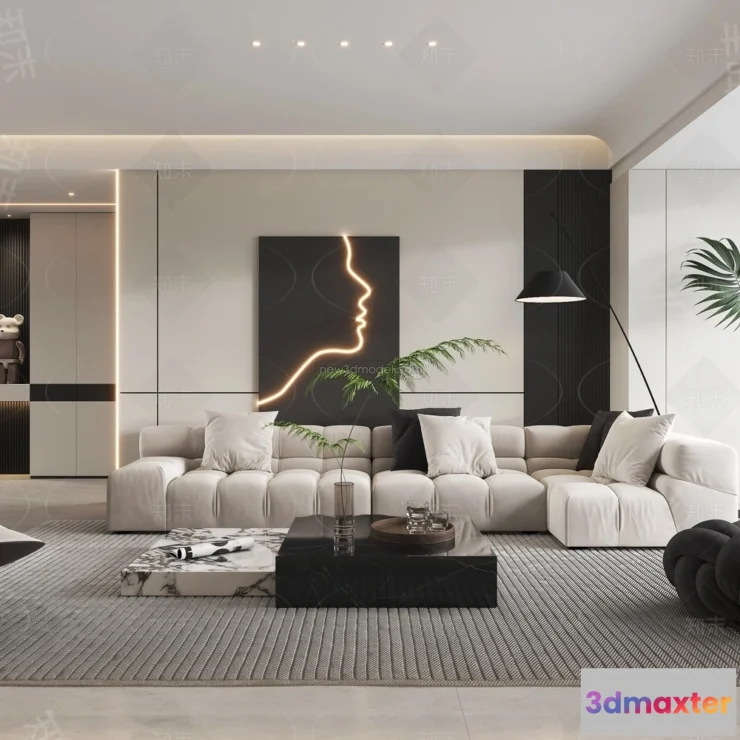 1583047 - Black - White - Gray Colors Interior 3D Blocks - Living Room 3D Scene - 001 3D Max