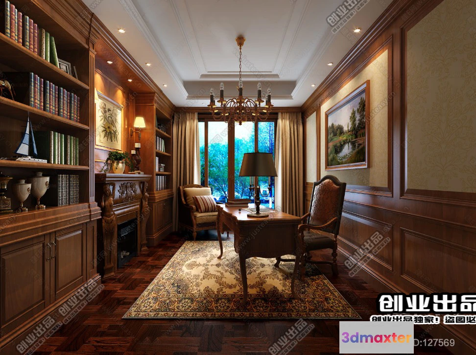 1361040 - Study Space 3D Interior Scene - American Style - 002 3D Max