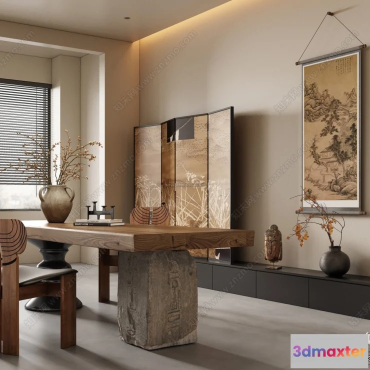 1370649 - Study And Work Space 3D Interior Scene Model - Wabi Sabi Style - 001 3D Max