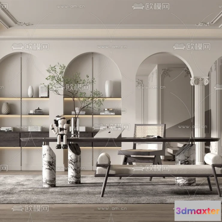 1583615 - Cream Style Interior 3D Blocks - Study Room 3D Model - 292 3D Max