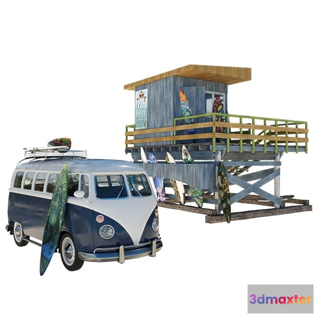1539479 - Surfing school with volkswagen t1 3D Max