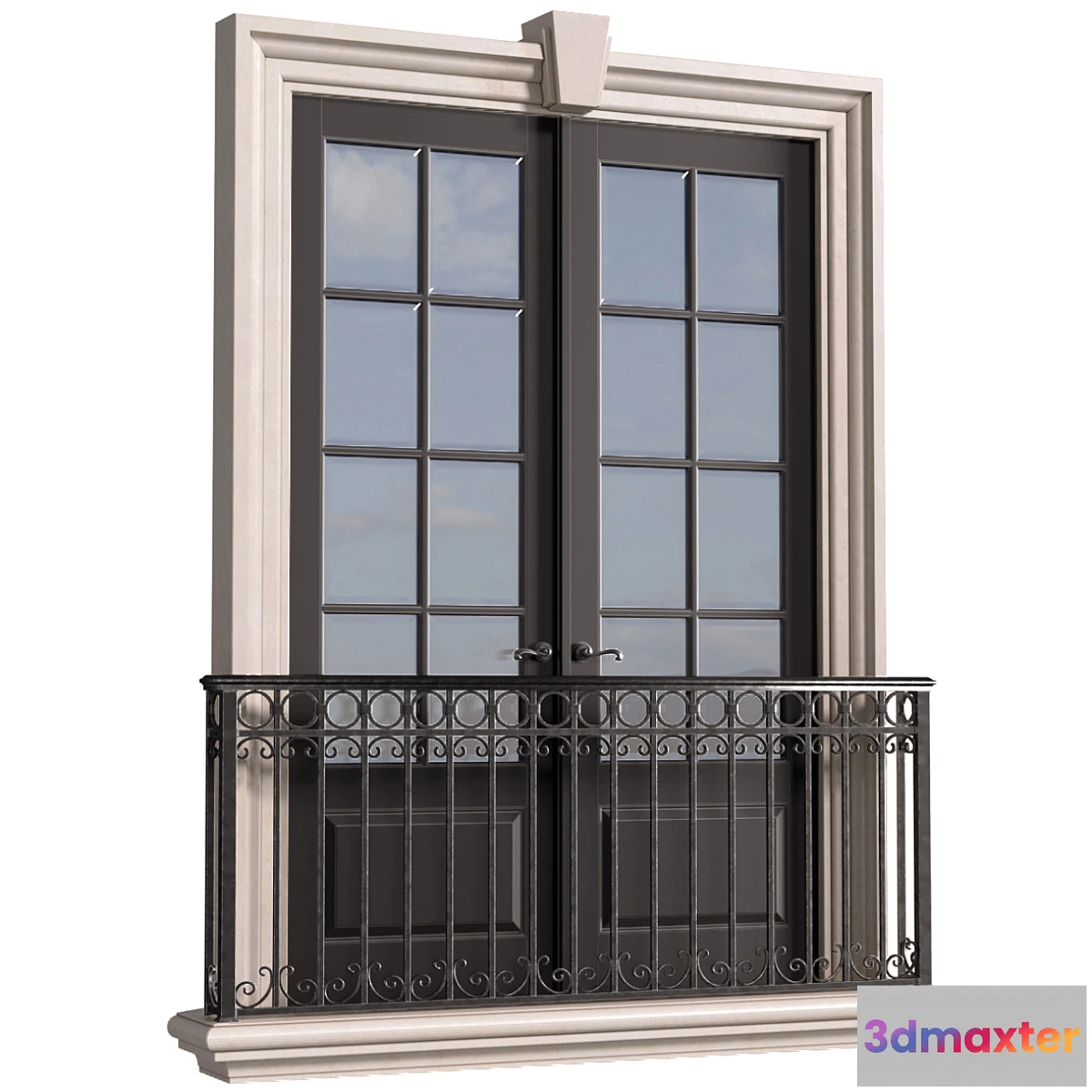 1443778 - Classical front window with a French balcony.Classical Forged Fence. frame Window 3D Max