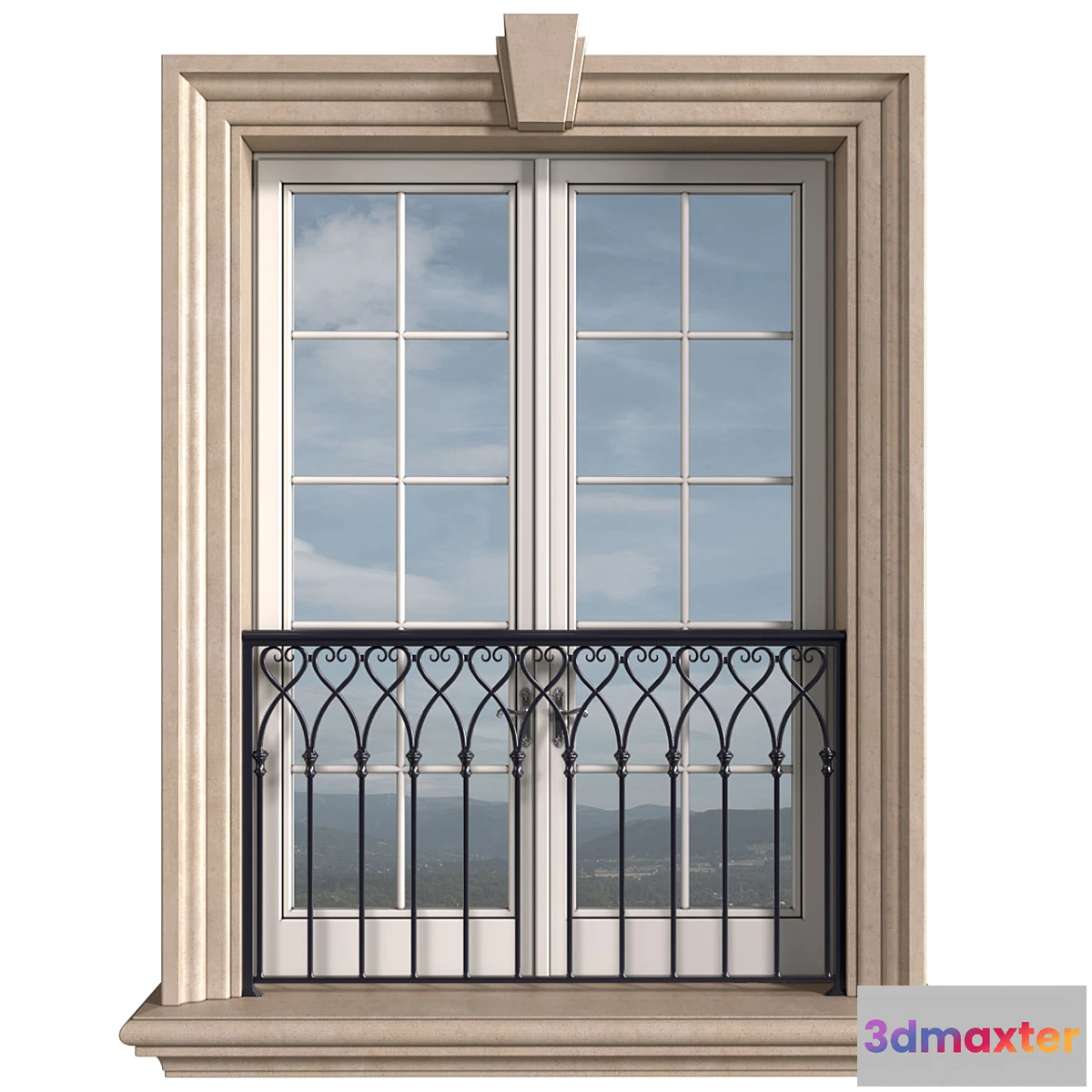 1469312 - Classical front window with a French balcony.Classical Forged Fence. frame window 3D Max