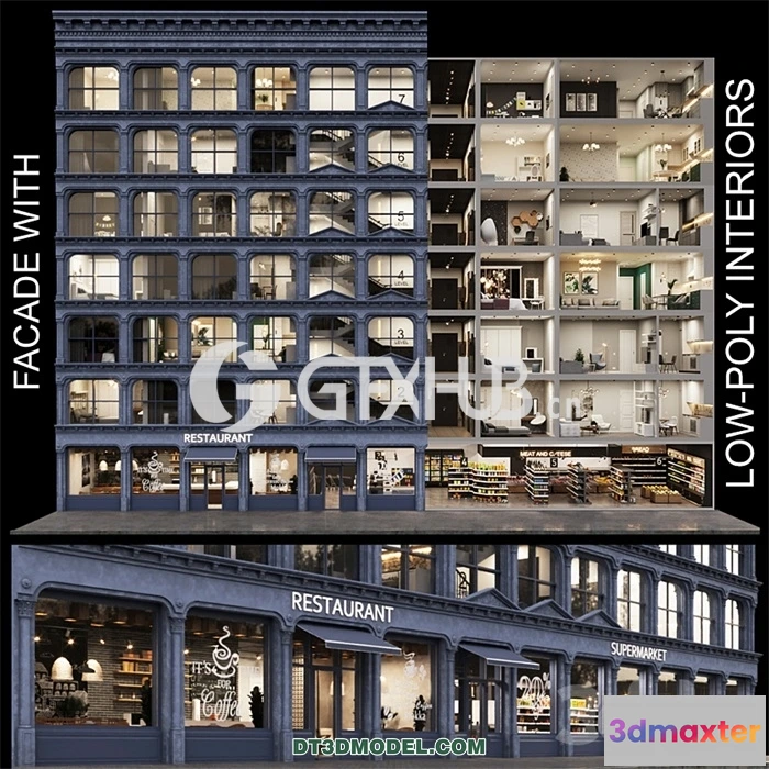 1219542 - Architecture - Building - Facade With Lowpoly Interiors