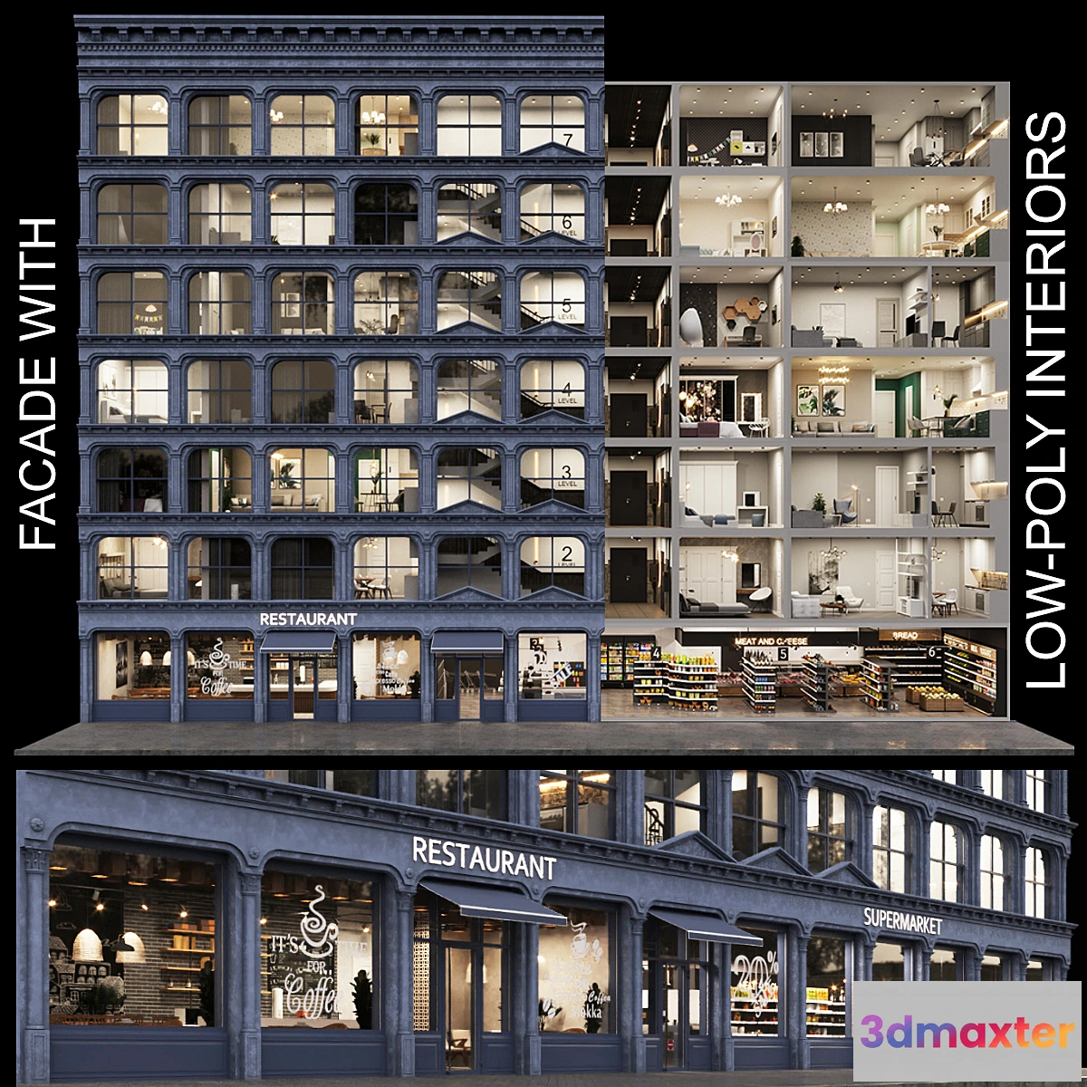 540855 - Facade with 20 residential and public low-poly interiors