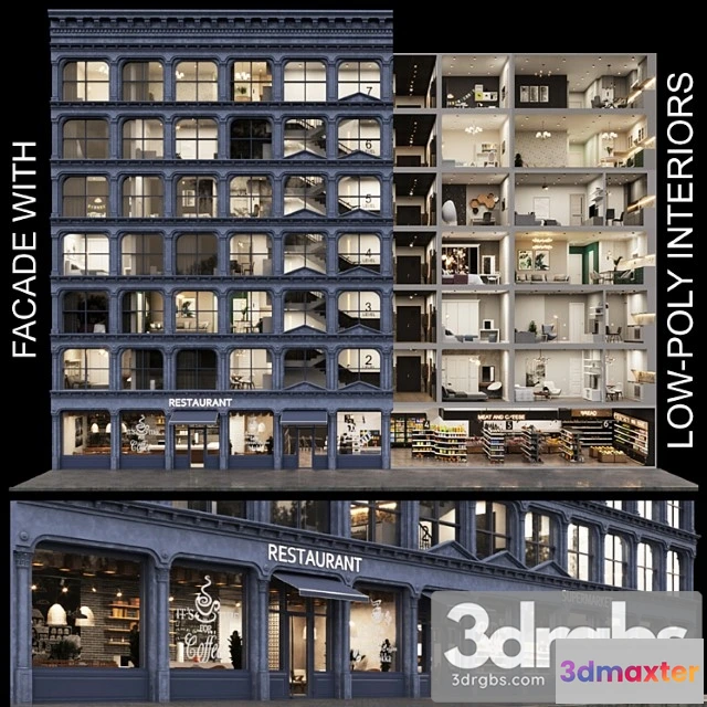 905442 - Facade With 20 Residential And Public Low Poly Interiors