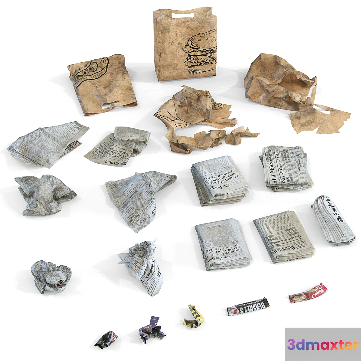 1341182 - Newspaper wrappers and bag 3D Max