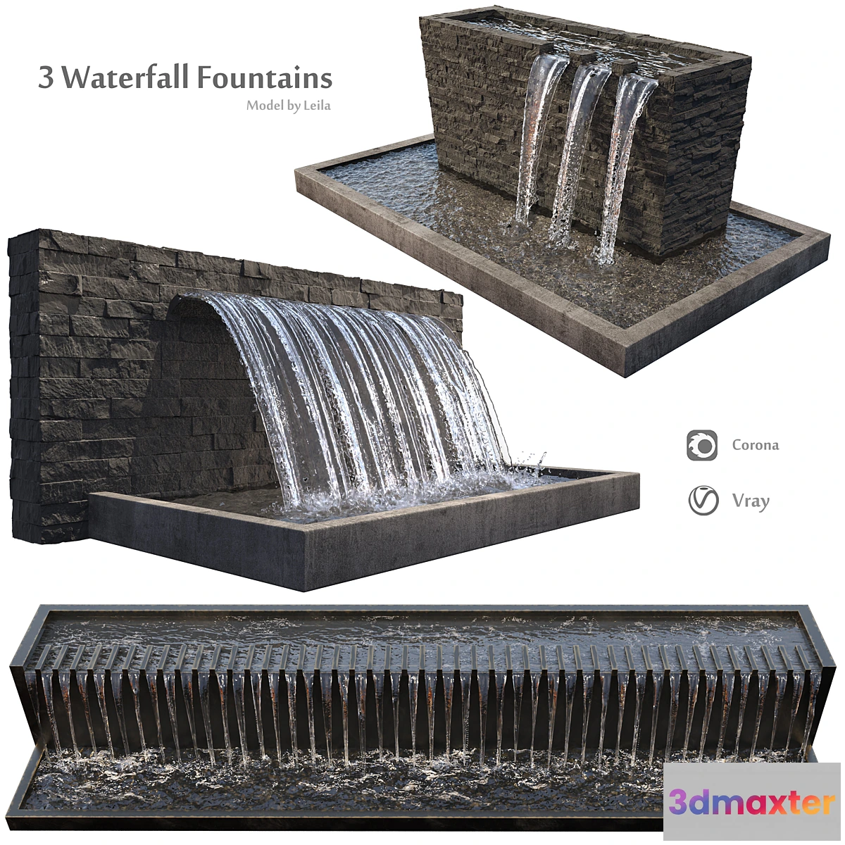 1400806 - Waterfall fountains wide rock panel 3D Max
