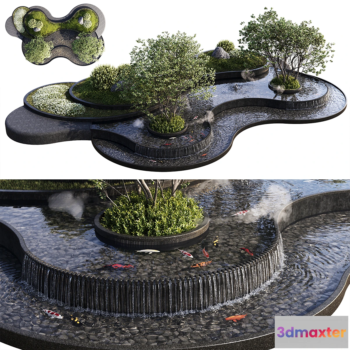 1401978 - Landscaping Figure with Plants Waterfalls and Fish 1 3D Max
