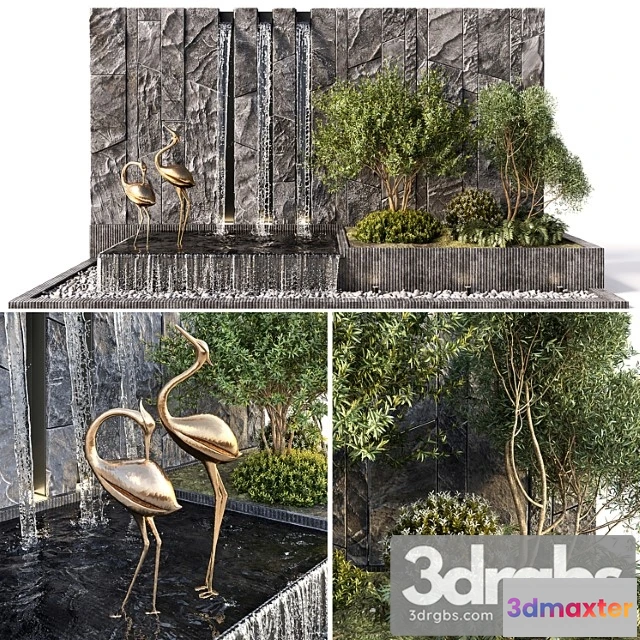 907894 - Water Falls With Stonewall Plants Birds