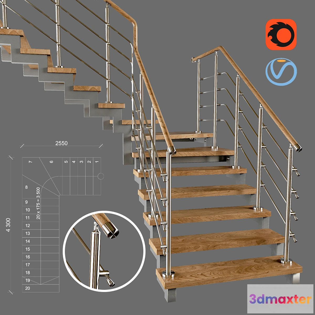 1329759 - Contemporary corner staircase with staggered steps 3D Max