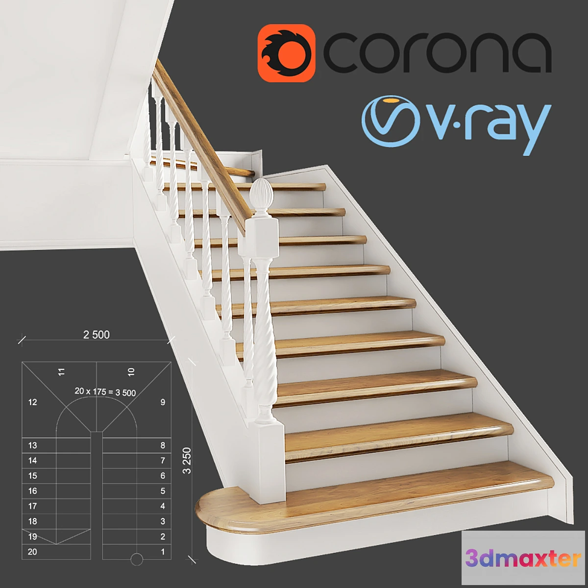 1336527 - Classic two-march staircase with staggered steps 3D Max