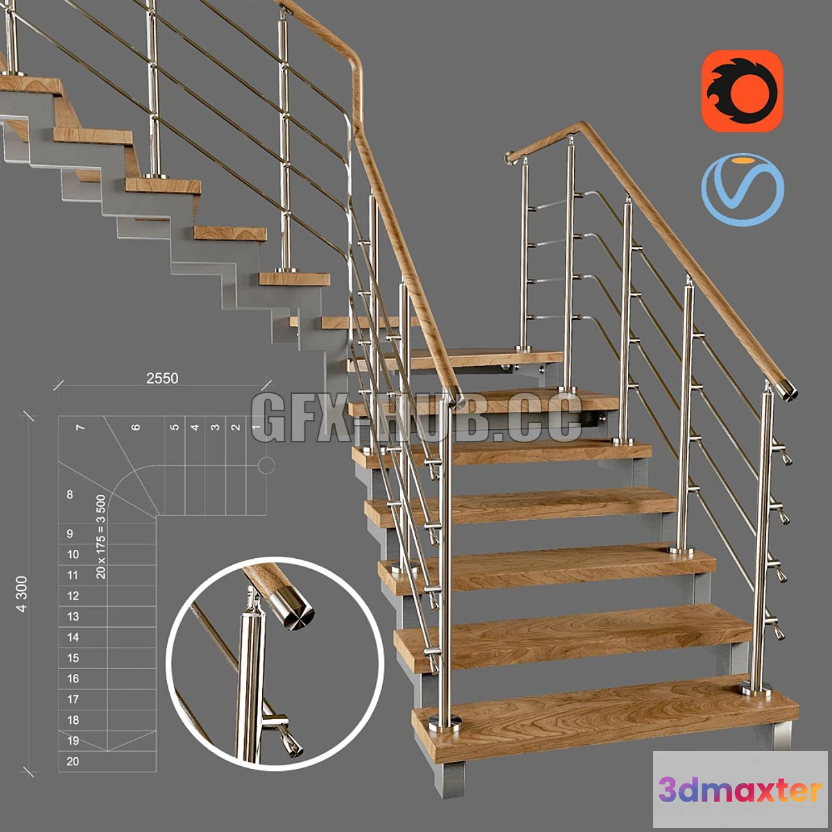 1541321 - Contemporary corner staircase with staggered steps 3D Max