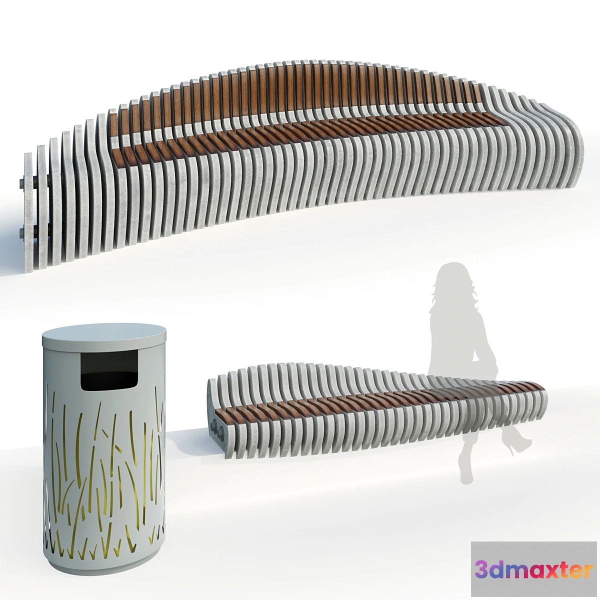 1415228 - Parametric bench 2 options. Trash bin. Urban environment 3D Max