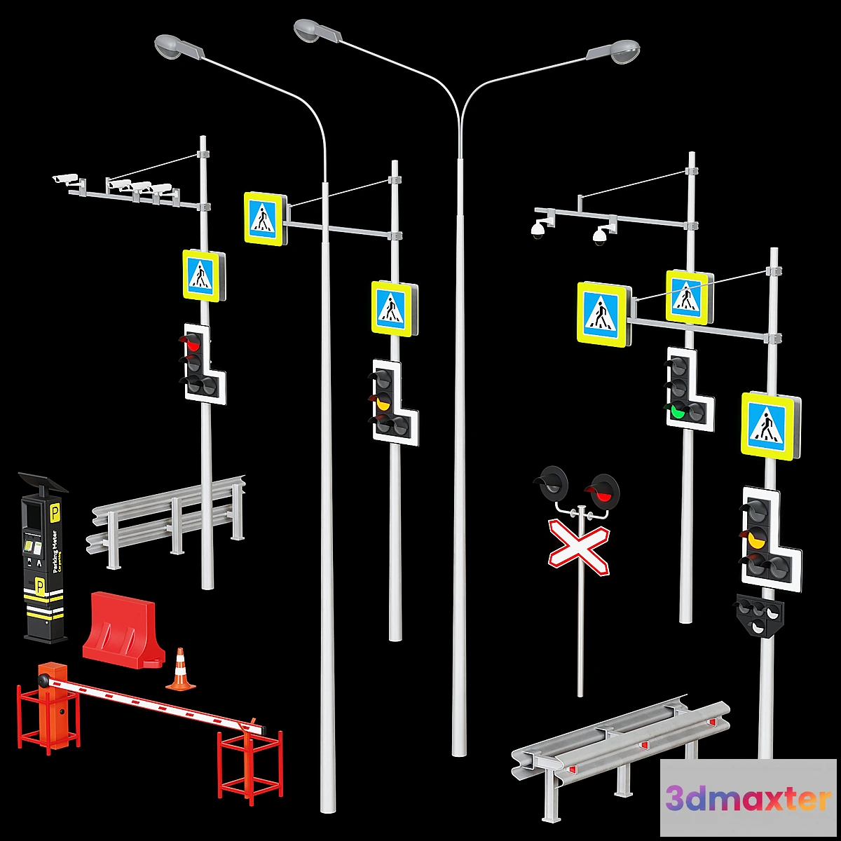 1438654 - Road elements. Fences traffic lights cameras parking meters. 3D Max
