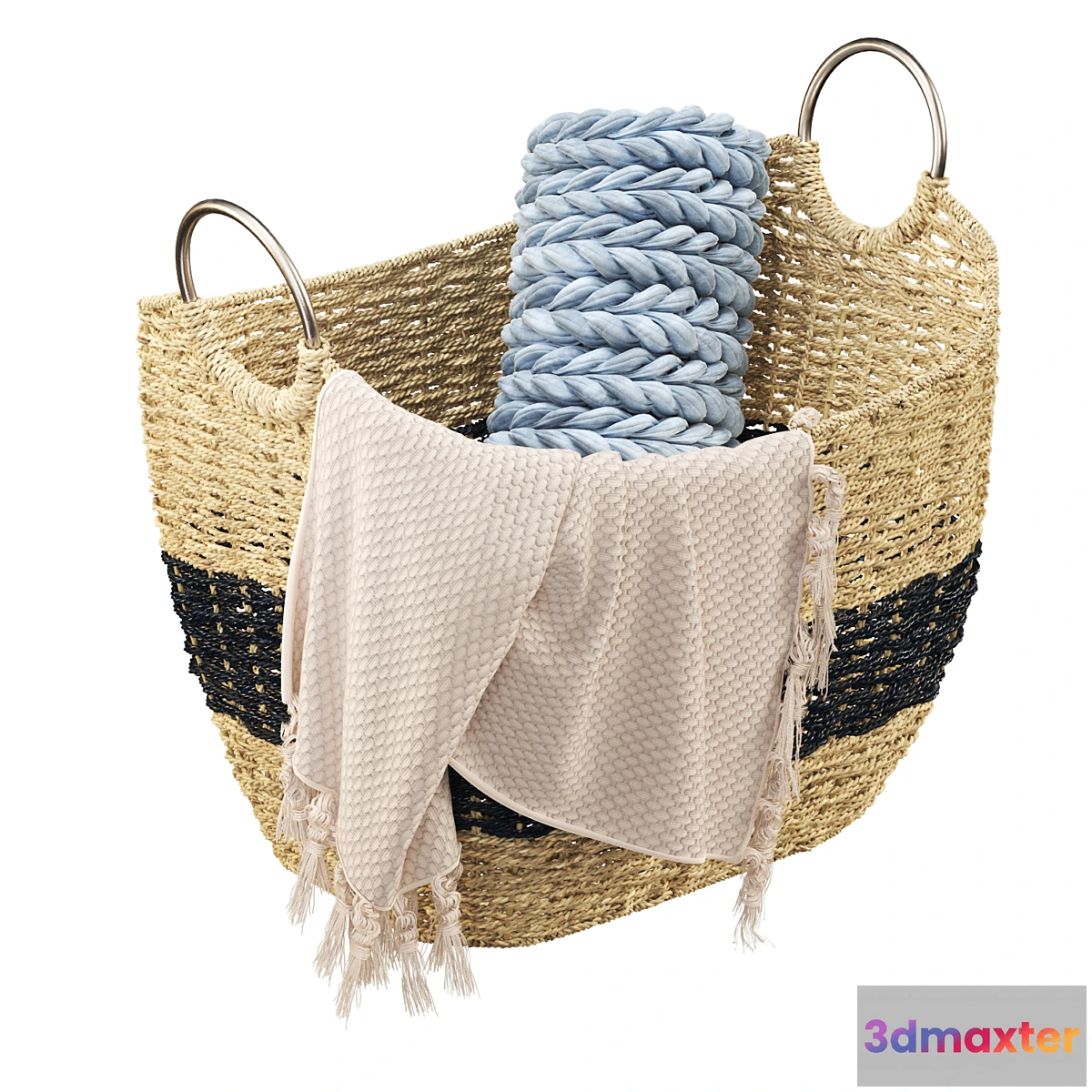 1400446 - Litton Lane - Seagrass Handmade Two Toned Storage Basket with Metal Handles 3D Max