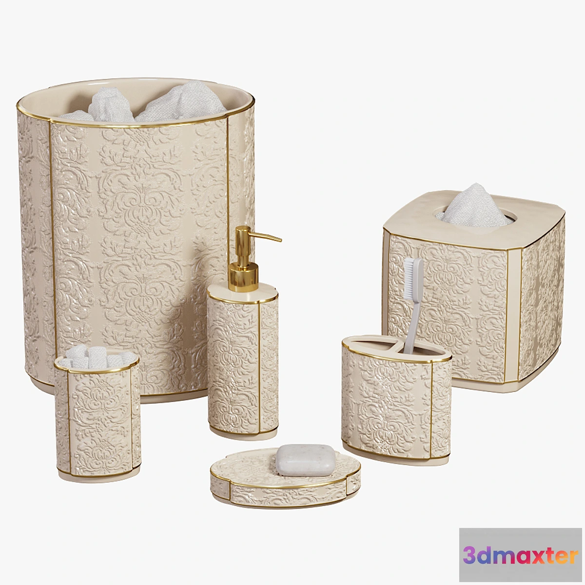 1449156 - Furla Cream Damask Ceramic Bath Accessories 3D Max