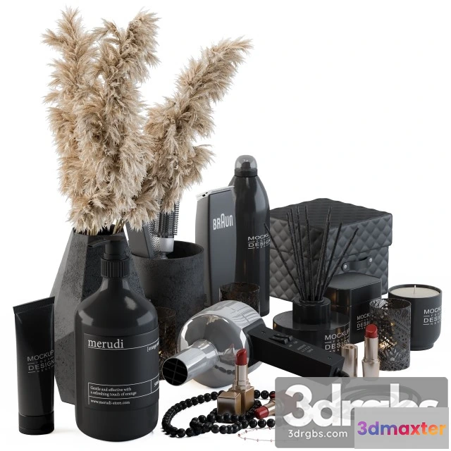 909428 - Bathroom Decor Set 05 Black Set with Pampas Plant