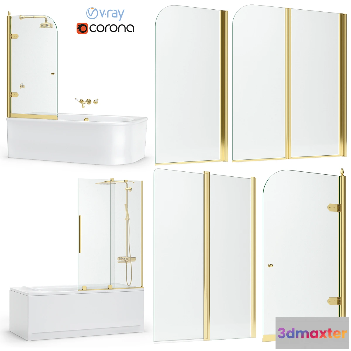 1466716 - Bath screens and bathtubs Radaway gold and Ravak set 121 3D Max