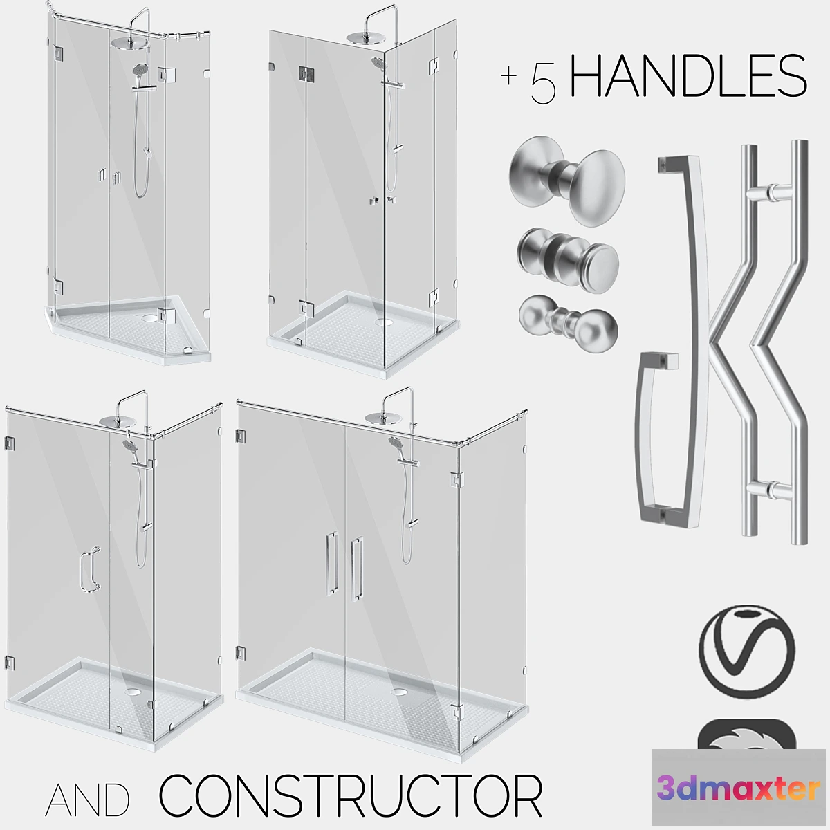 1348476 - Angled glass shower cabins designer and handle set 3D Max