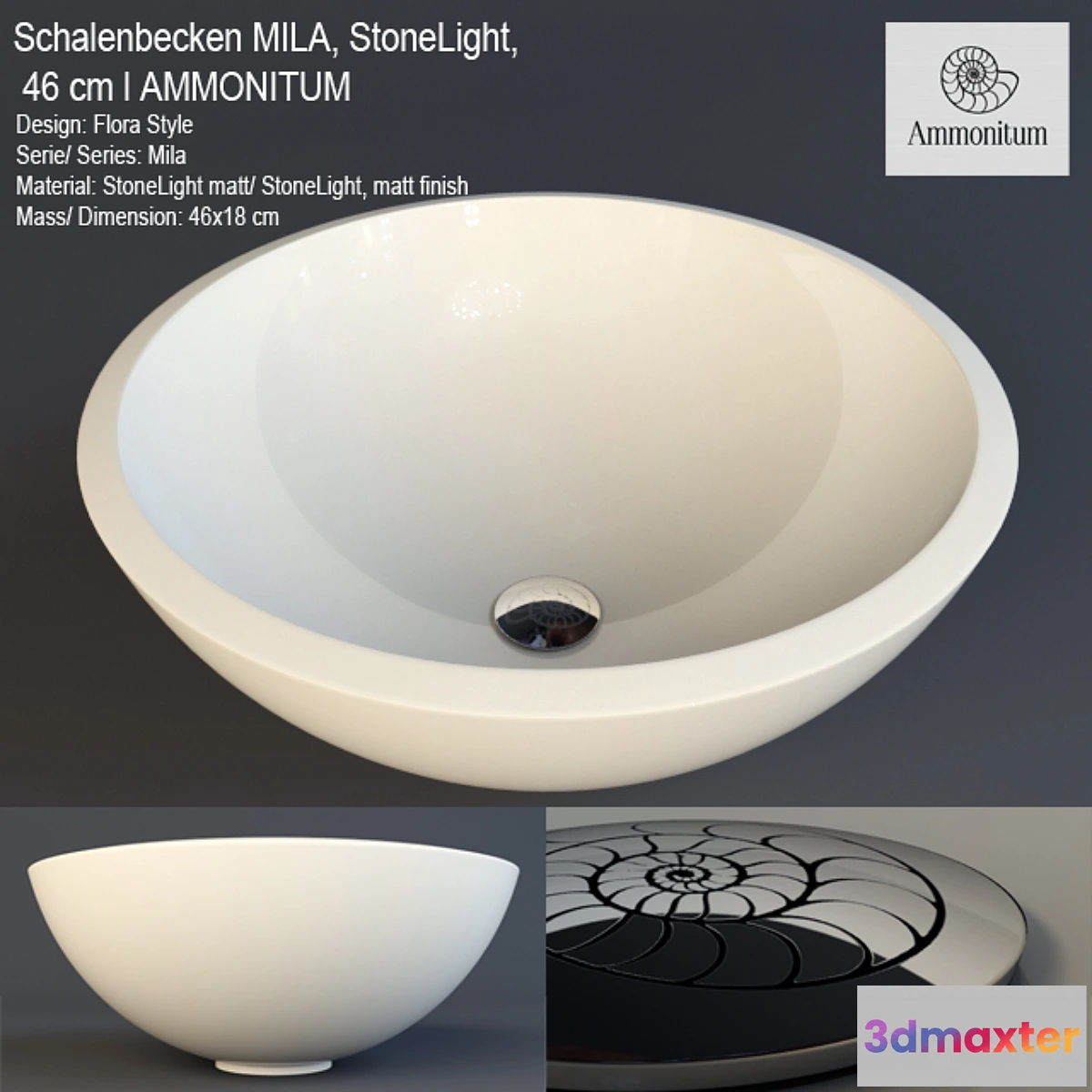 808176 - Schalenbecken MILA 46 cm l StoneLight AMMONITUM