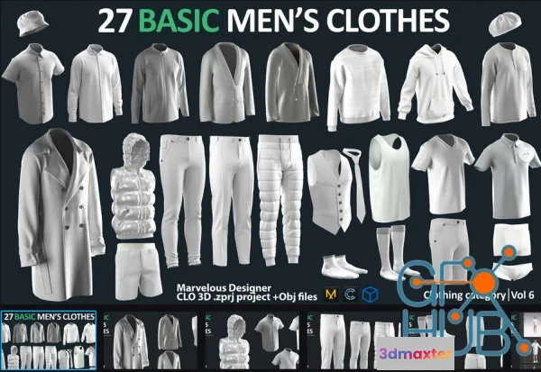 1537320 - 27 BASIC MEN’S CLOTHES PACK - Marvelous Designer - CLO3D + ZPRJ + OBJ + material 3D Max