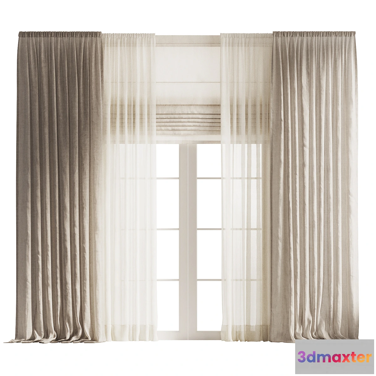 1404408 - Draped Linen Curtains with Tulle and Roman Shade 3D Max