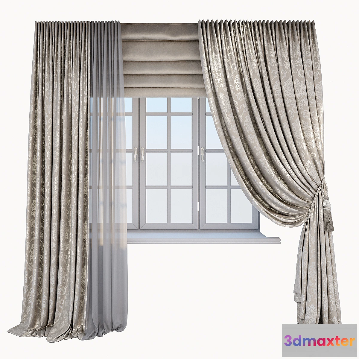 1460720 - Classic beige curtains with Damascus pattern 3D Max