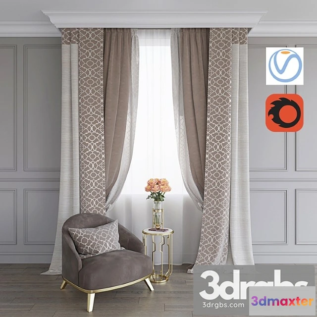 919722 - A Curtain An Armchair and a Table with Roses Vray Corona