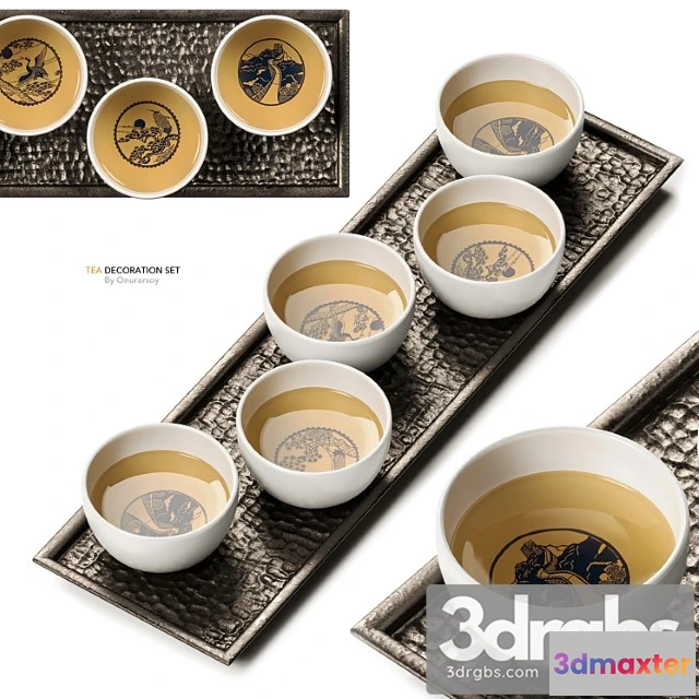1018808 - Asian tea decoration set with hammered metal plate