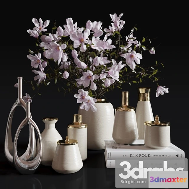1019110 - Decoration set 30 magnolia and vases.