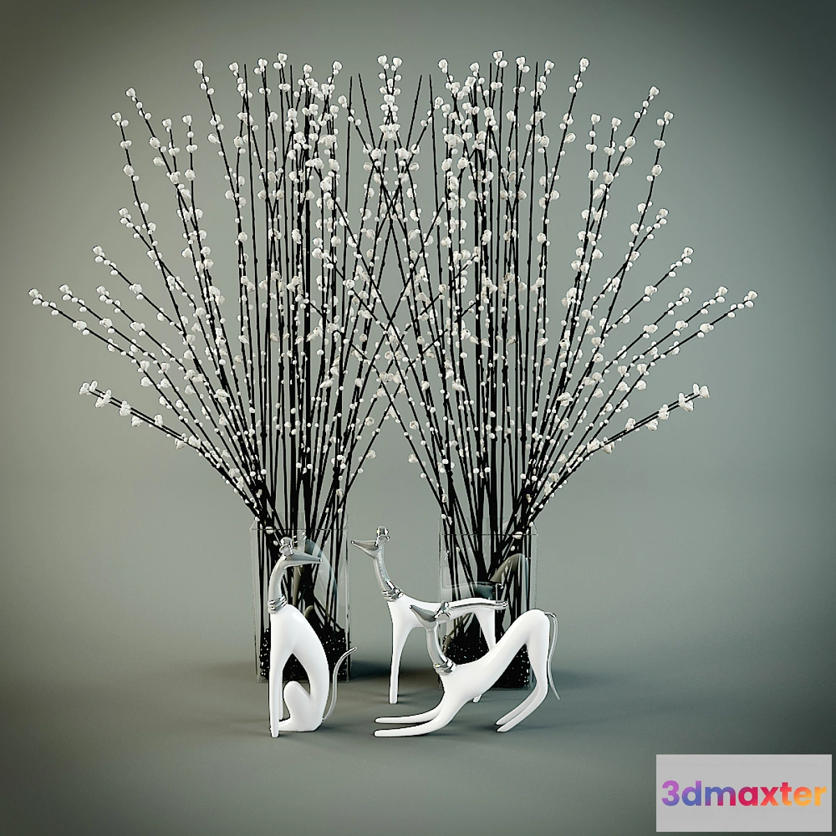 1287962 - Decor. Vase with twigs and figurines dogs 3D Max