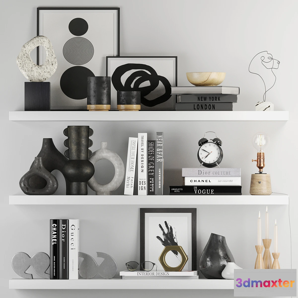 1307395 - Decorative Set 017 With Classic Alarm Clock And Edison Lamp 3D Max