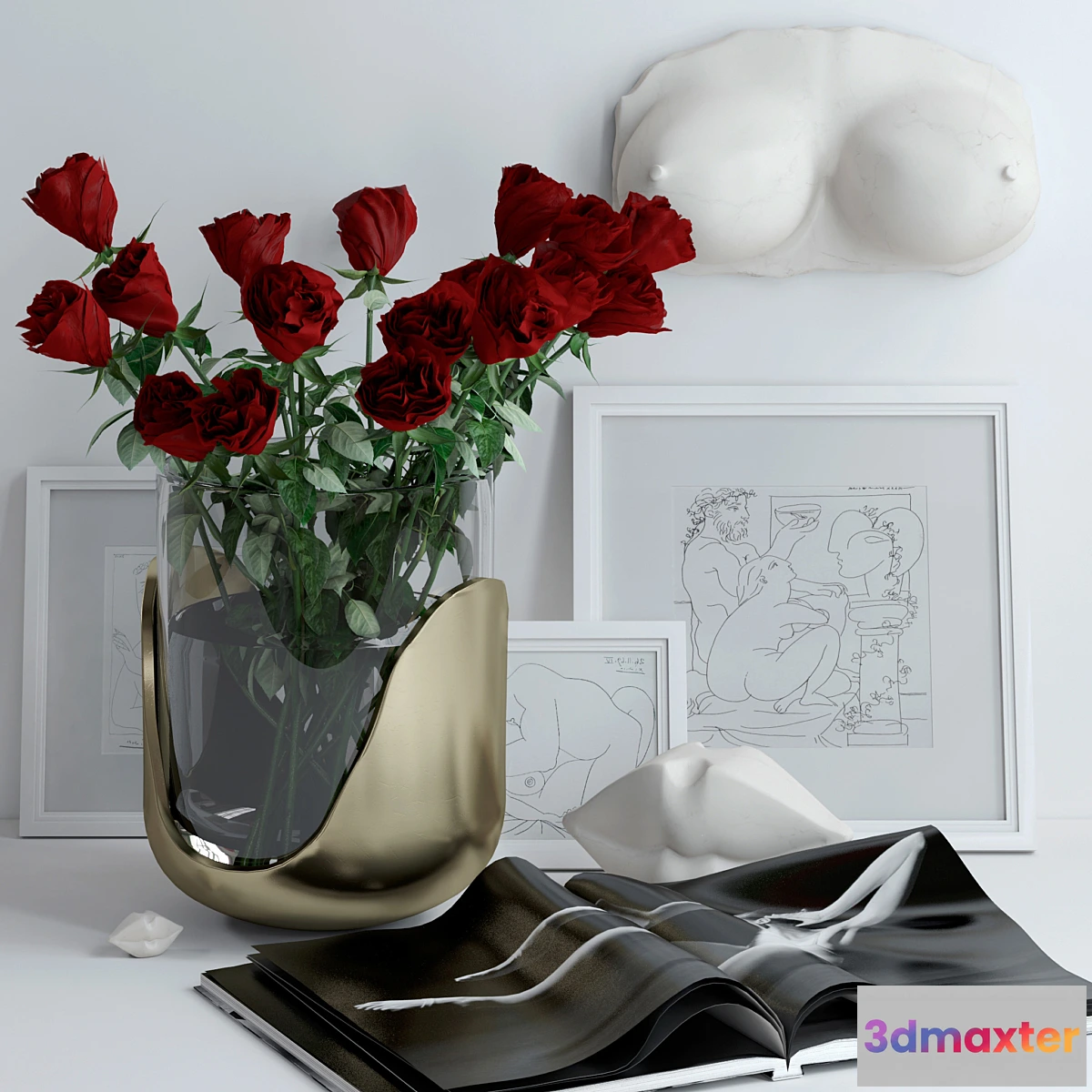 1331012 - Set with roses marble bust and lips 3D Max