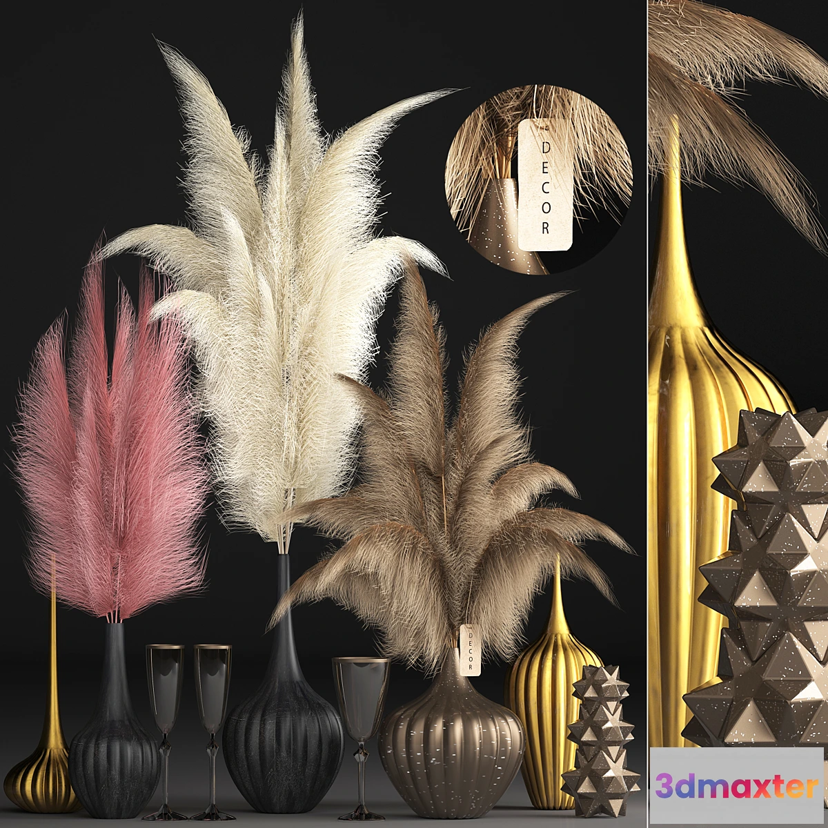 1350023 - Bouquet of dried flowers 73. Pampas grass dried flower vase Kartaderia reeds set natural decor table decoration eco decor set 3D Max