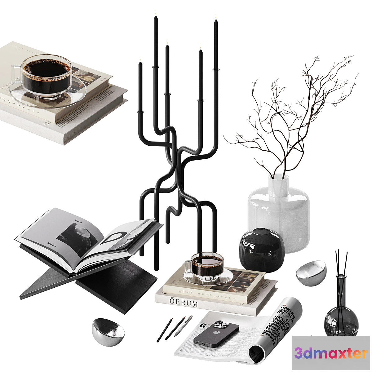 1430440 - Modern black decorative set with a large candle holder 3D Max
