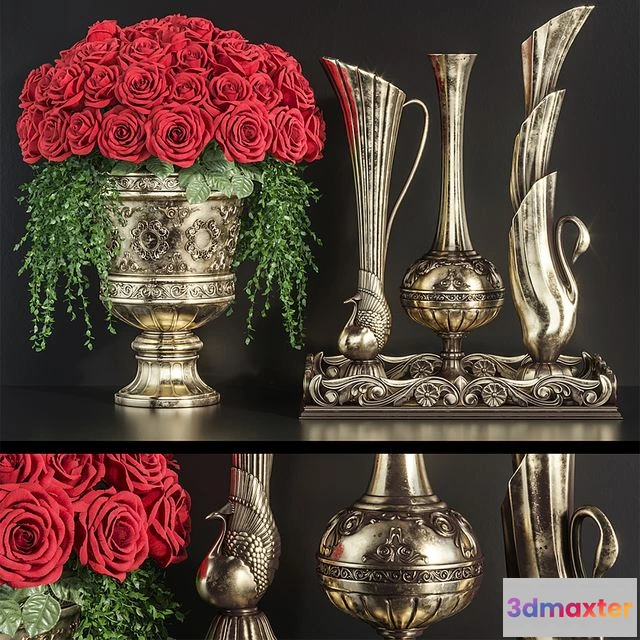 1568174 - Decoration Set 23 Red Roses in antique vases 3D Max