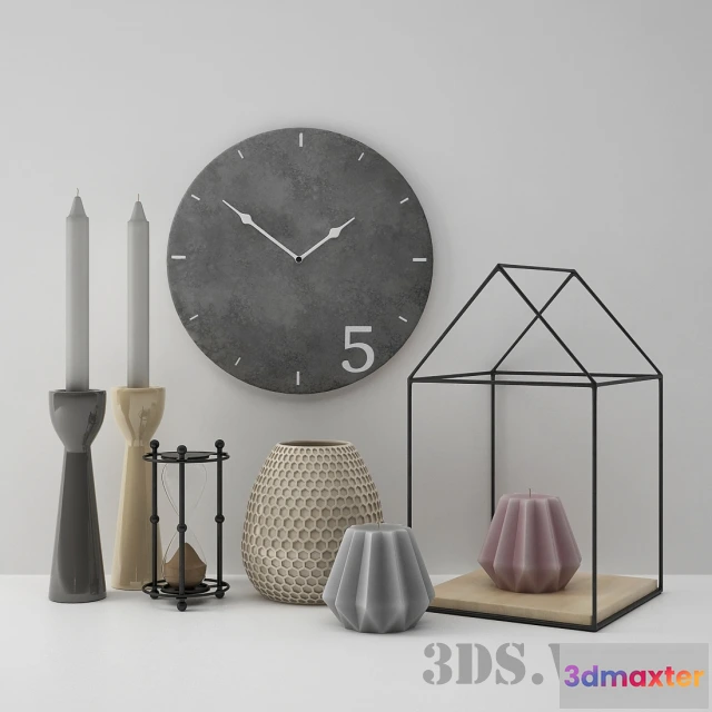 1599434 - decoration - Candlesticks with candles wall clock vase etc. 3D Max
