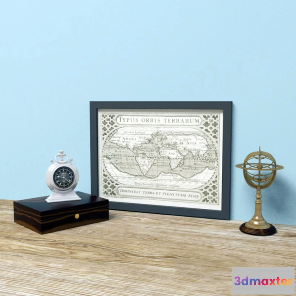1599872 - decoration - Antique world map and clock 3D Max