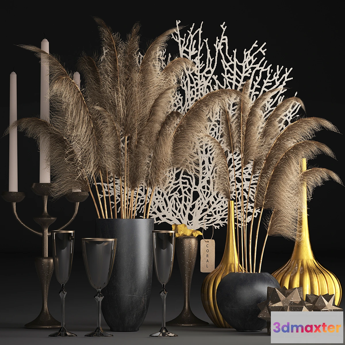 547851 - Bouquet of dried flowers 72. pampas grass decor vase coral dried flower natural decor eco design table decoration