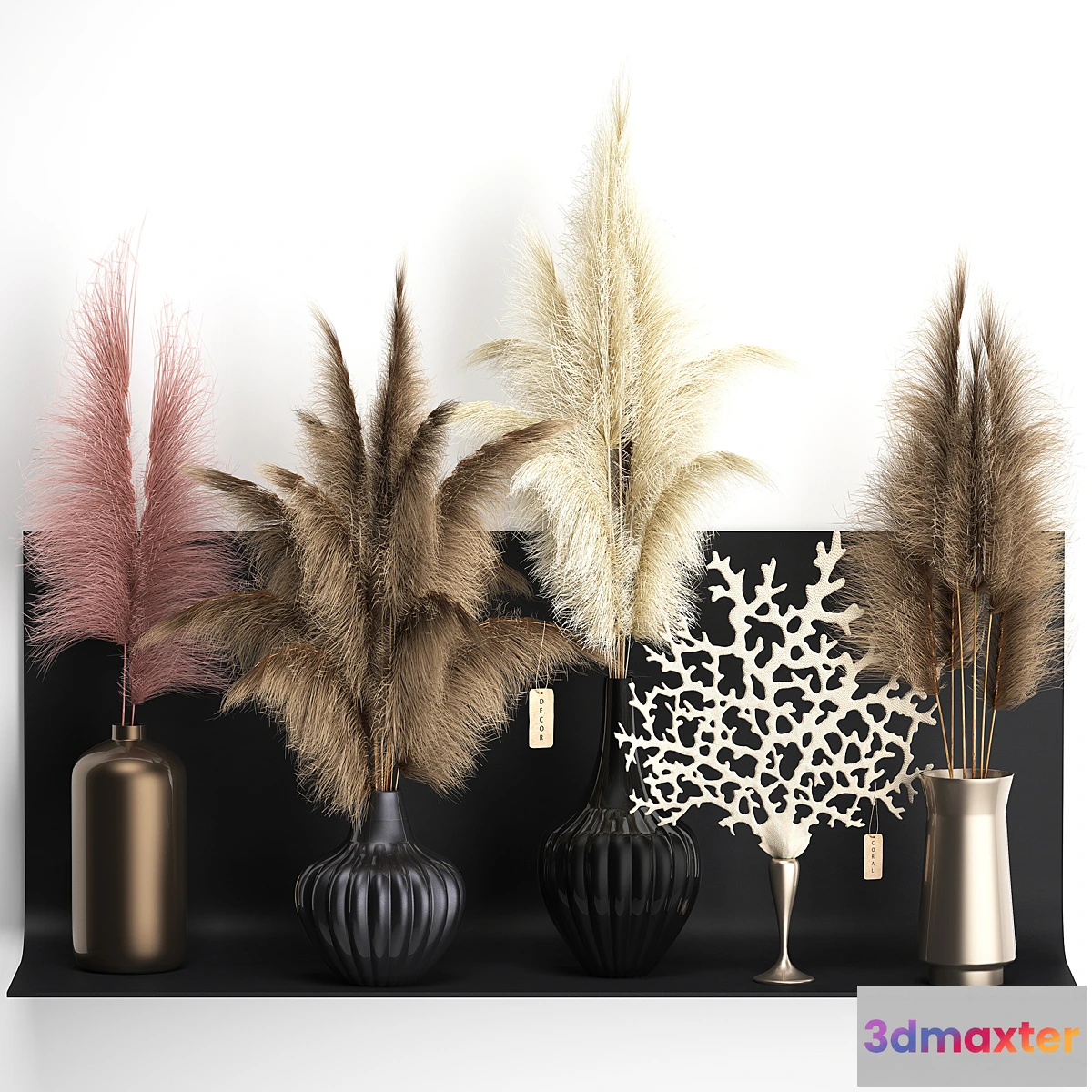 548129 - A collection of bouquets of dried flowers in vases on a black metal shelf with pampas coral Cortaderia. Set 11.
